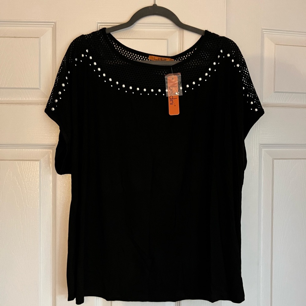 NWT Ladies Black Dressy Tee with silver grommets 2X